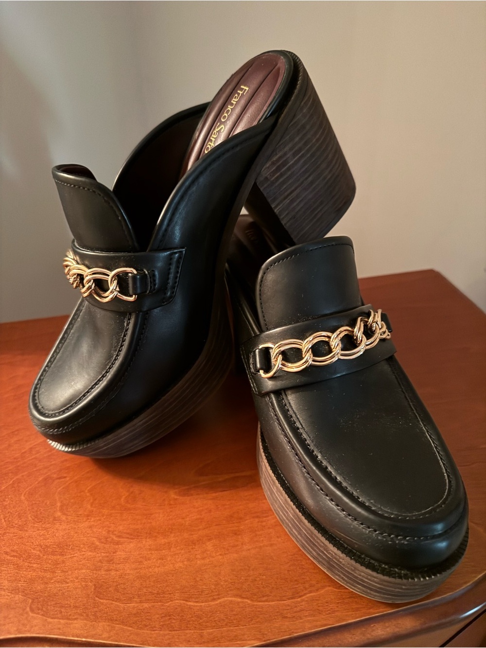 Franco Sarto Black Leather Mules with Gold Chain Accent